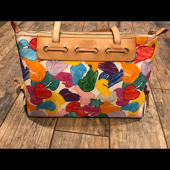 Dooney & Bourke Tote Bright Multicolor White Purse Ducks Stars Hearts EUC - Picture 2 of 10
